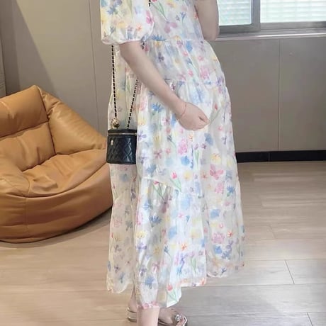 マタニティ　ワンピース　ミディ丈　ラウンドネック　パフスリーブ　花柄