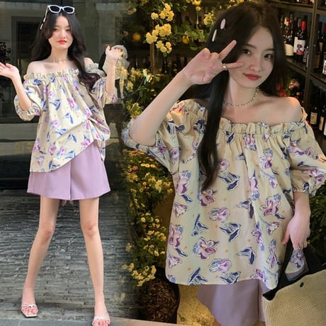 マタニティ　トップス　オフショルダー　花柄　シフォン