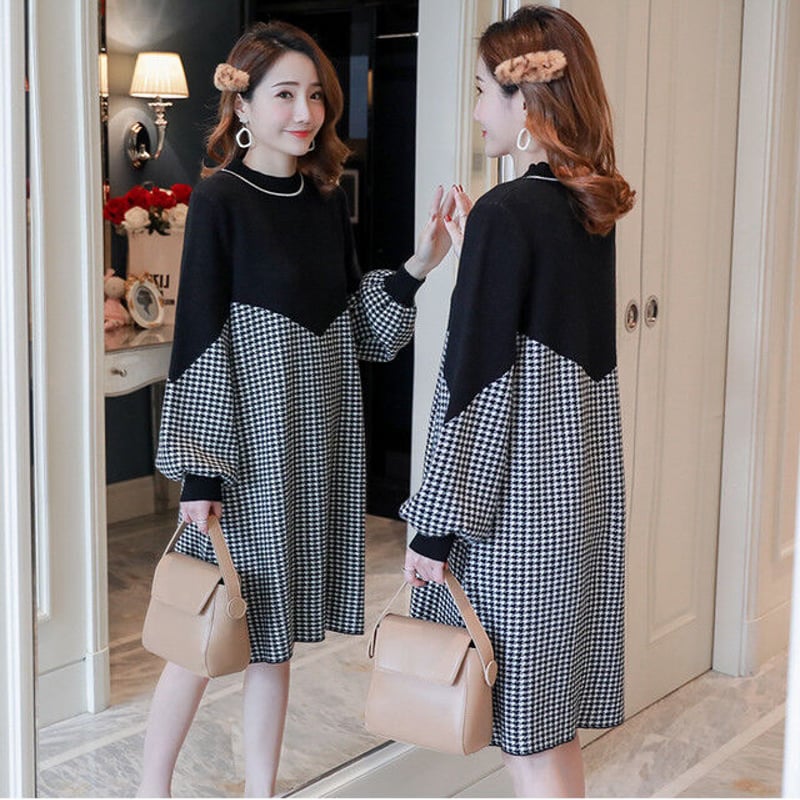 千鳥格子柄 Aライン ハイネック 切り替え マタニティワンピース