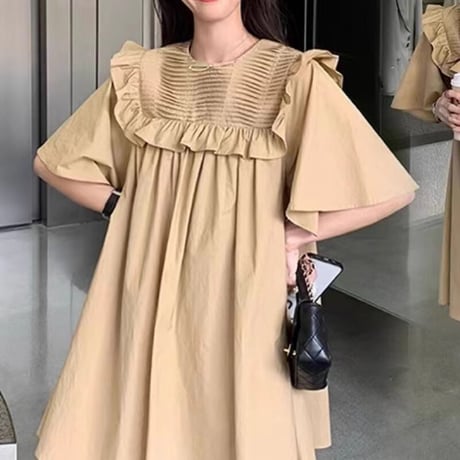 マタニティ　ワンピース　ミディ丈　ラウンドネック　フリル　ガーリー