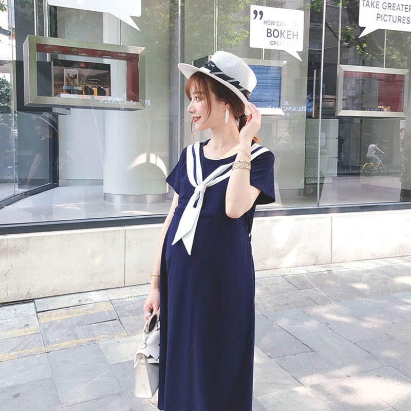 セーラー風 紺色半袖マタニティワンピース 授乳口付き