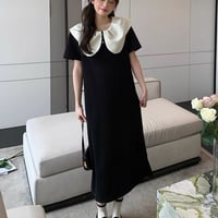 マタニティ　ワンピース　ミディ丈　ラウンドネック　襟　ガーリー