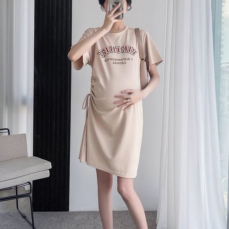 マタニティ　ワンピース　膝丈　ラウンドネック　Tシャツ　ロゴ