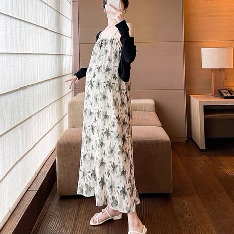 マタニティ　ワンピース　ロング丈　キャミソールワンピース　花柄
