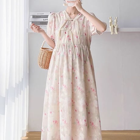 マタニティ　ワンピース　ミディ丈　フレア　シフォン　花柄