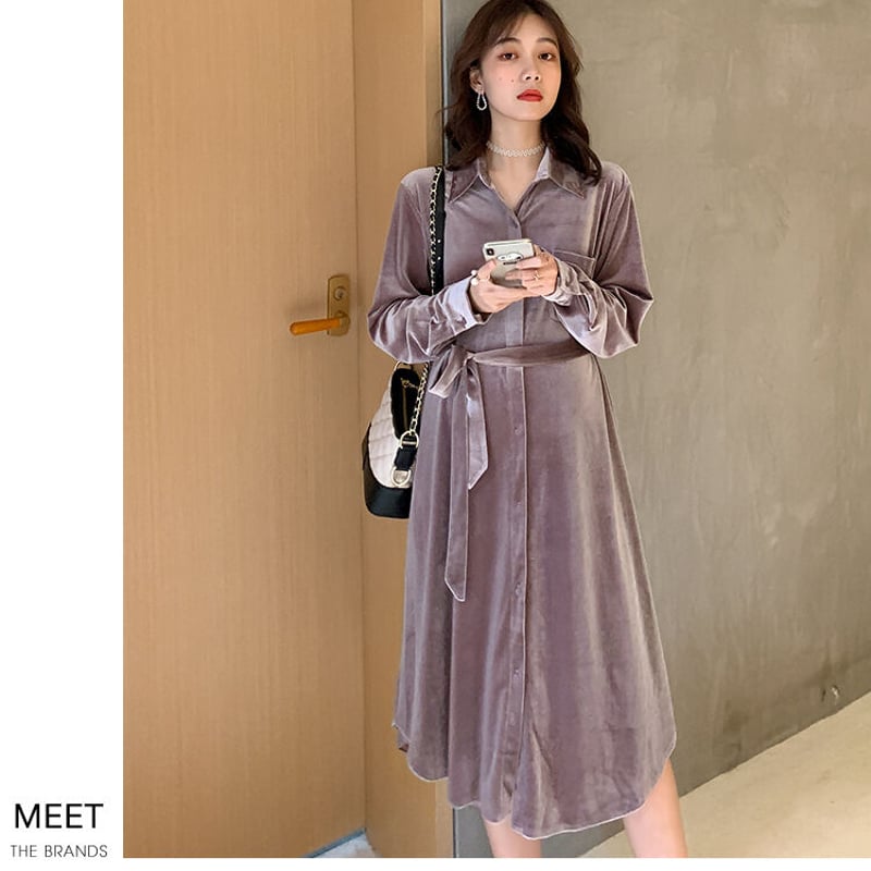 マタニティ ワンピース ミディ丈 シャツワンピース ベルベット