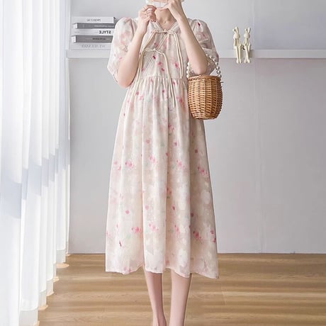 マタニティ　ワンピース　ミディ丈　フレア　シフォン　花柄
