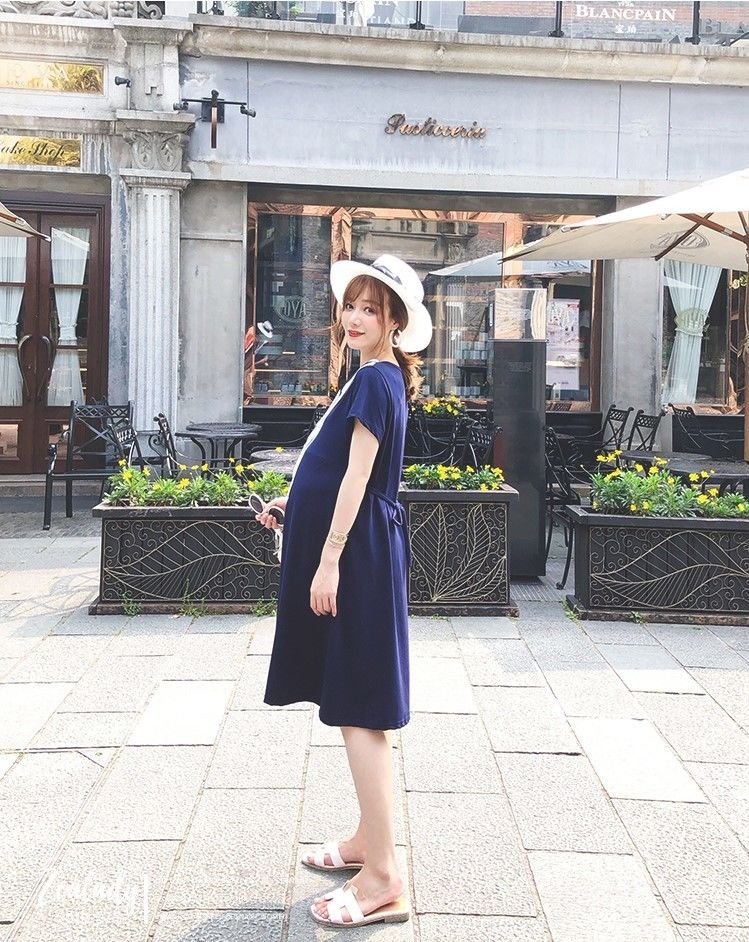 セーラー風 紺色半袖マタニティワンピース 授乳口付き