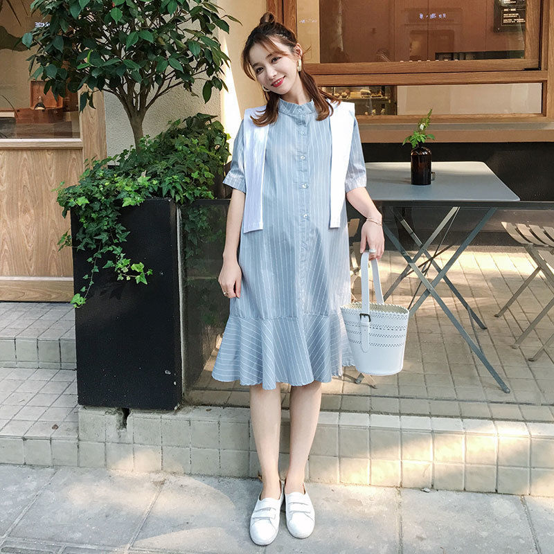 セーラー風肩掛けカーディガンデザイン ブルーストライプシャツ