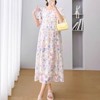 マタニティ　ワンピース　ミディ丈　ラウンドネック　パフスリーブ　花柄