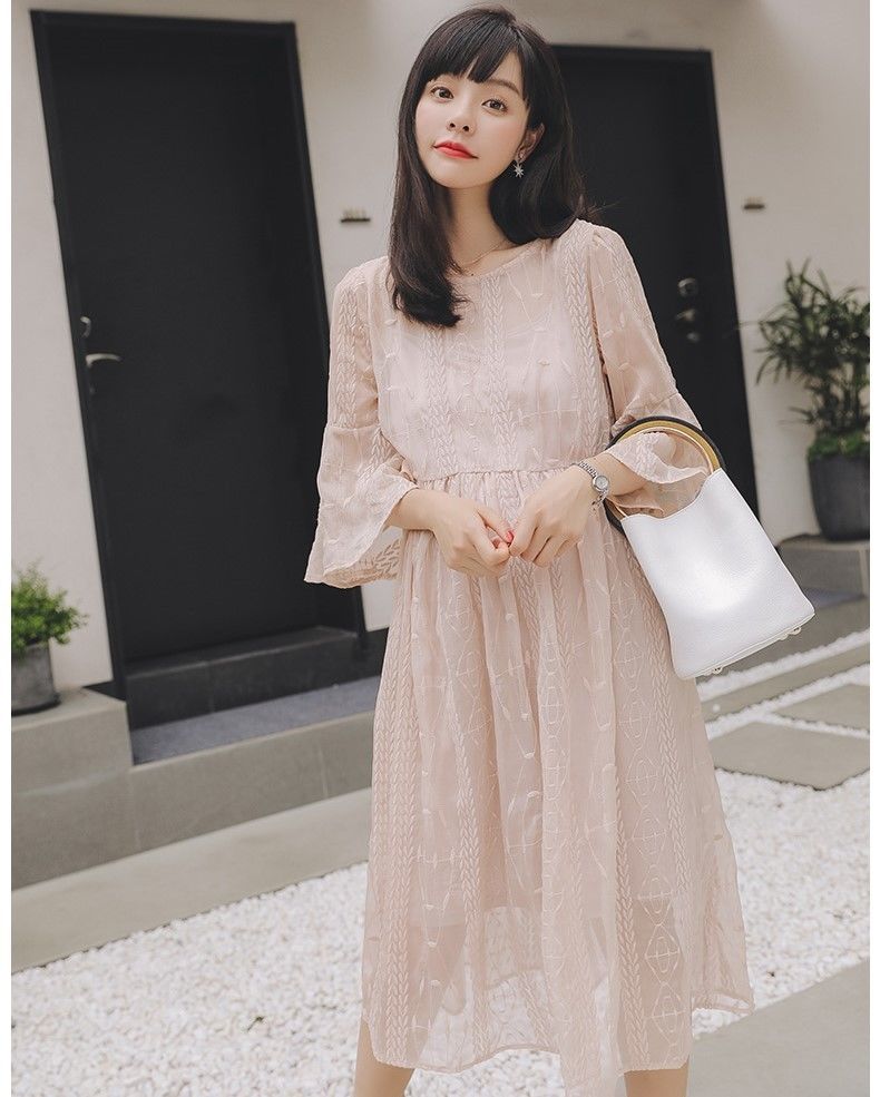 【アトリエまりこ】グレー フリル刺繍 七分袖ロングワンピース 繊細刺繍レースフリル七分袖マタニティワンピース 胸下切り替え