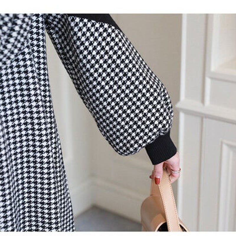 千鳥格子柄 Aライン ハイネック 切り替え マタニティワンピース