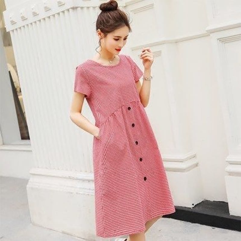 ボタンがついたフレアマタニティワンピース ポッケ付き ギンガム