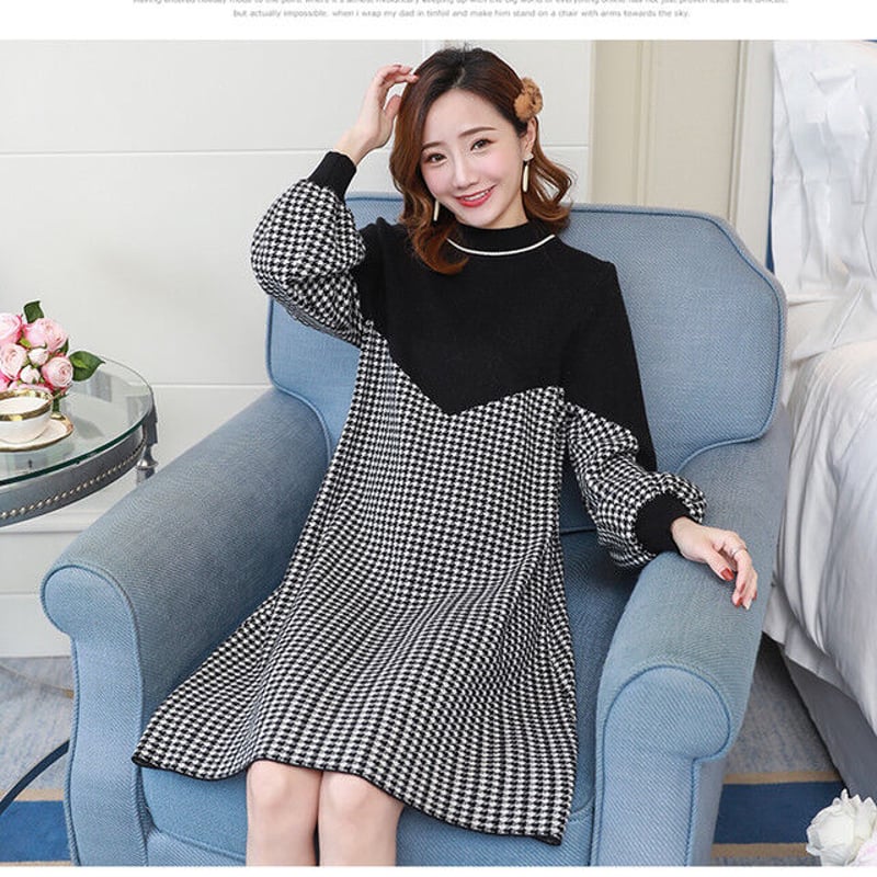 千鳥格子柄 Aライン ハイネック 切り替え マタニティワンピース