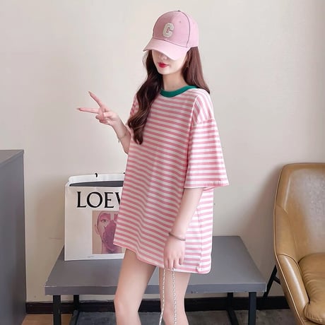 マタニティ　トップス　Tシャツ　ラウンドネック　ボーダー　ゆったり