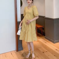 マタニティ　ワンピース　ミディ丈　Vネック　パフスリーブ