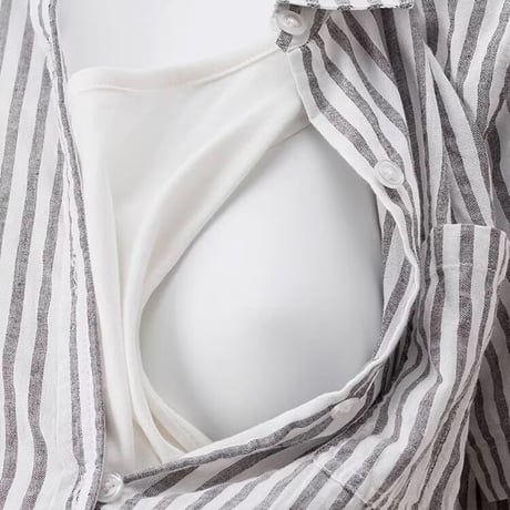 マタニティ　トップス　シャツ　授乳口付き　ストライブ　ミドル丈
