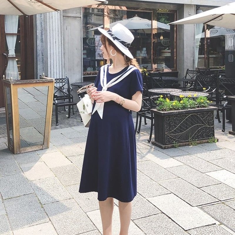 セーラー風 紺色半袖マタニティワンピース 授乳口付き セーラー風 紺色半袖マタニティワンピース 授乳口付き