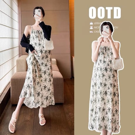 マタニティ　ワンピース　ロング丈　キャミソールワンピース　花柄