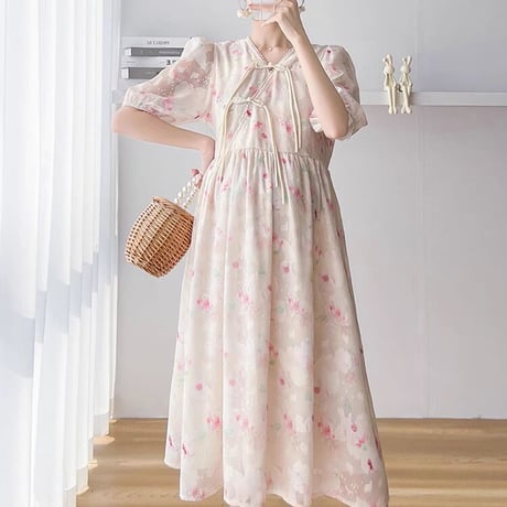 マタニティ　ワンピース　ミディ丈　フレア　シフォン　花柄