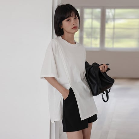 マタニティ　トップス　Tシャツ　ラウンドネック　スリット