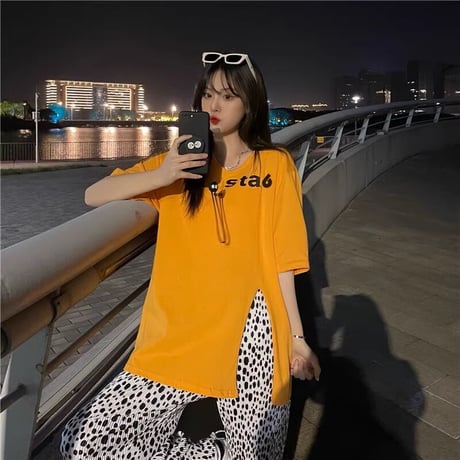 マタニティ　トップス　Tシャツ　ラウンドネック　スリット　ゆったり
