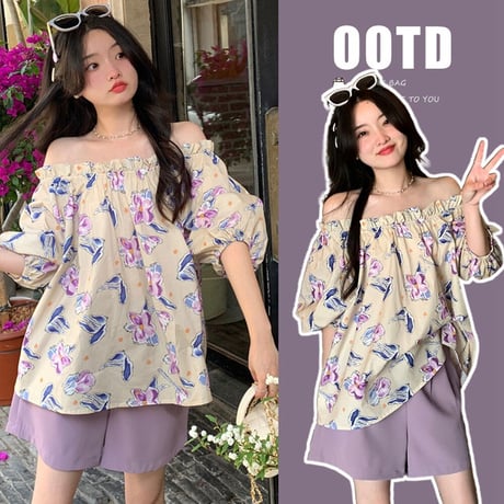 マタニティ　トップス　オフショルダー　花柄　シフォン