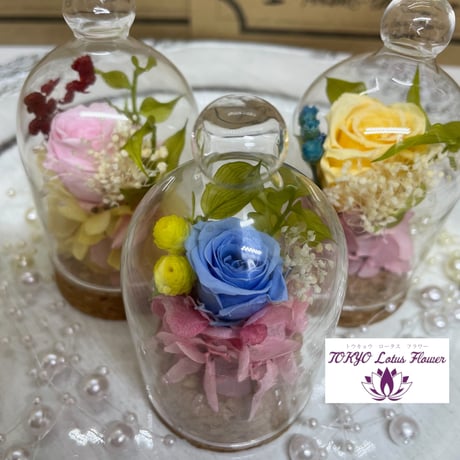 ガラスのドーム  プリザーブドフラワーアレンジ🌹ピンク・青色・黄色