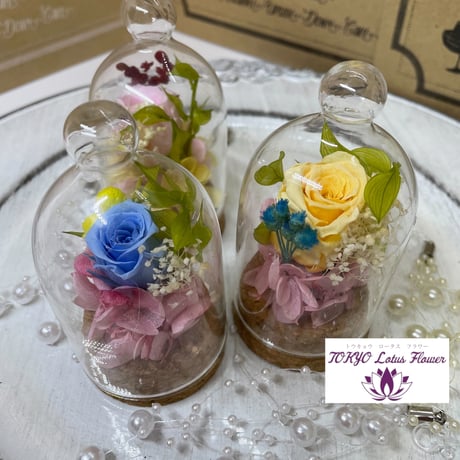 ガラスのドーム  プリザーブドフラワーアレンジ🌹ピンク・青色・黄色
