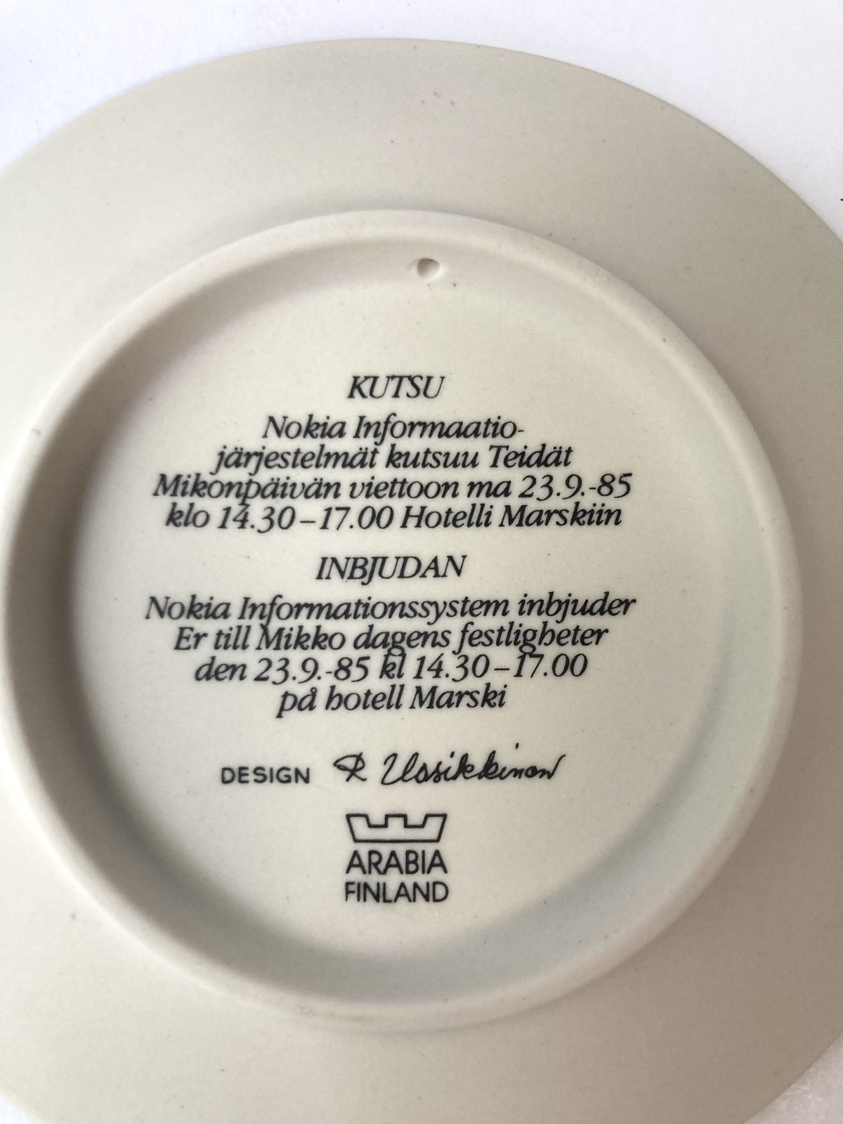 ARABIA（アラビア）／Rare！ Nokia社の招待状プレート／ミッコの日の