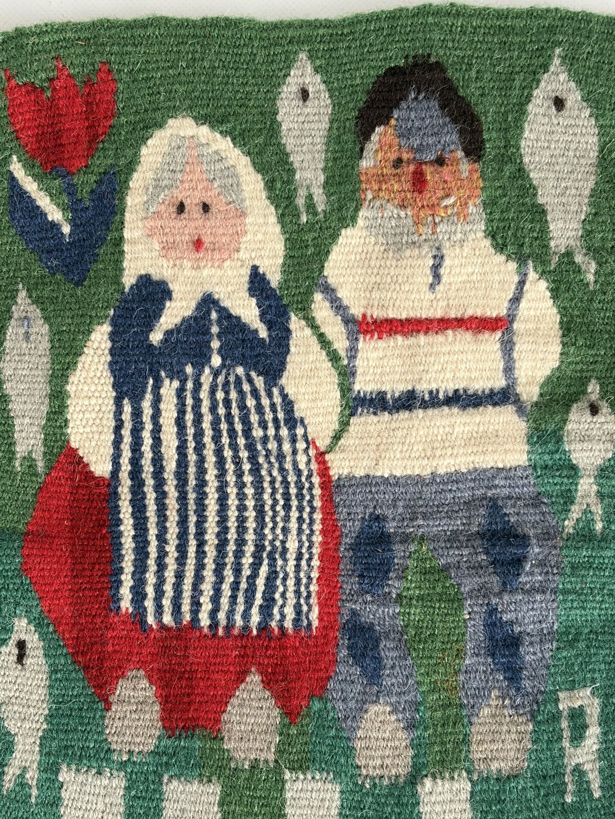 スウェーデンの伝統織物 「フレミッシュ織」 タペストリー｜漁師の夫婦