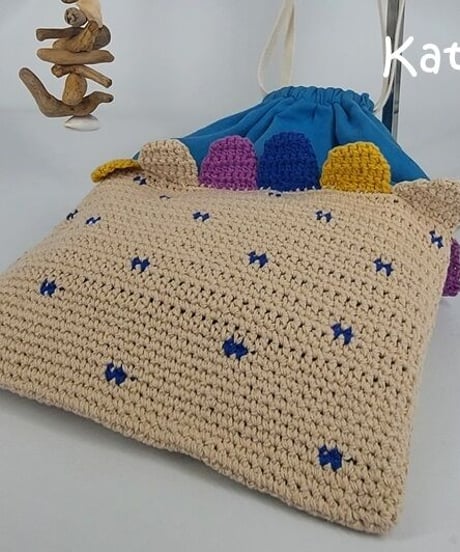 コットンの水玉柄編み巾着⑦