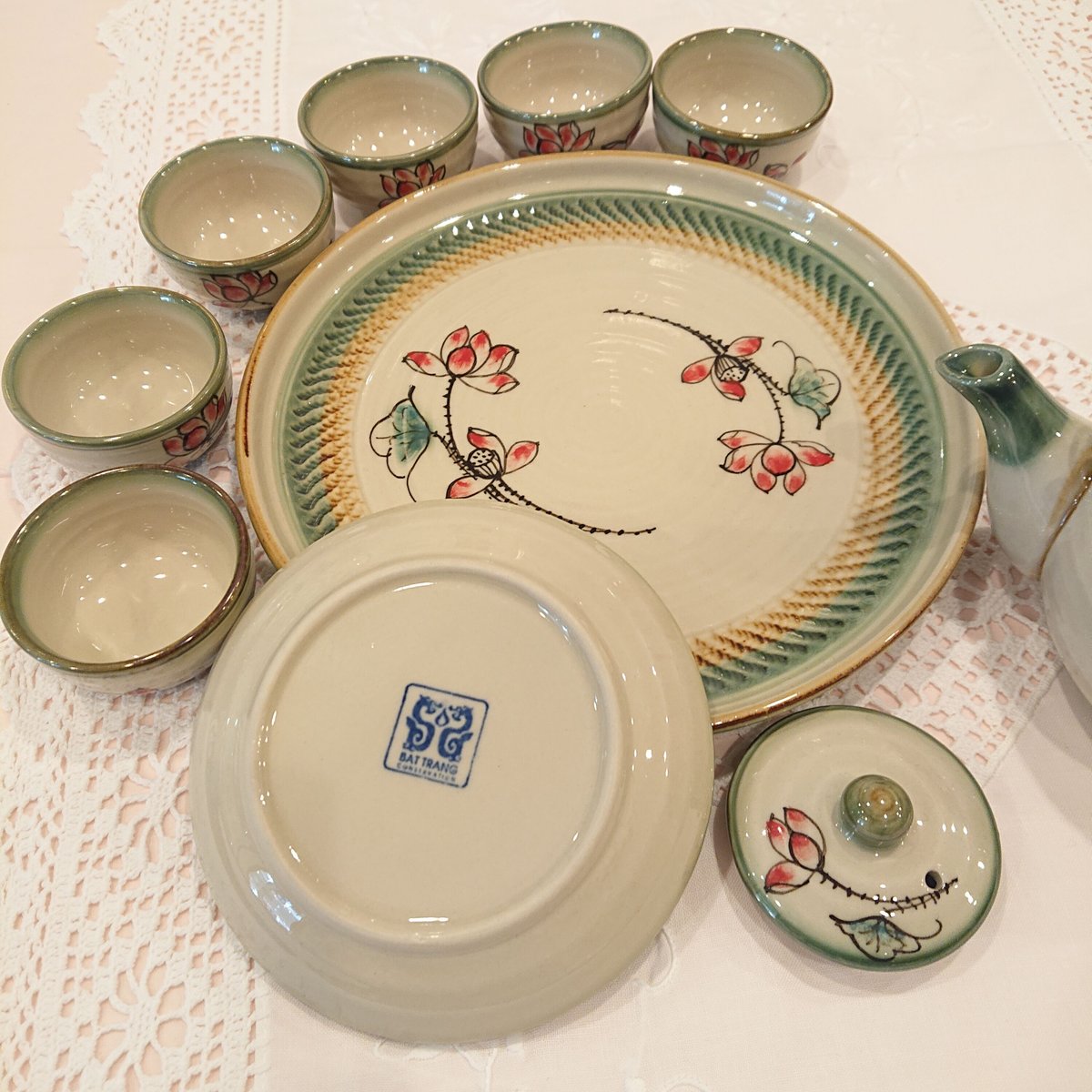 ベトナム バッチャン焼き 茶器セット 蓮の花 緑の淵 | Ethnic Tea Salon