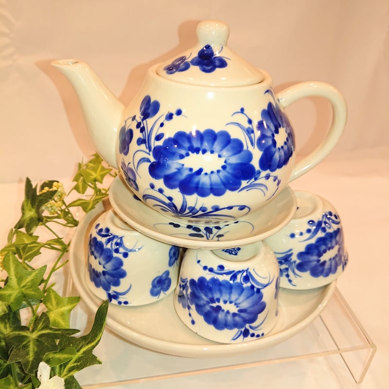 ベトナム バッチャン焼き 茶器セット ベトナムの花 青色 | Ethnic Tea