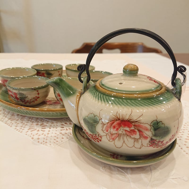 ベトナム バッチャン焼き 茶器セット 芍薬緑の淵 | Ethnic Tea Salon