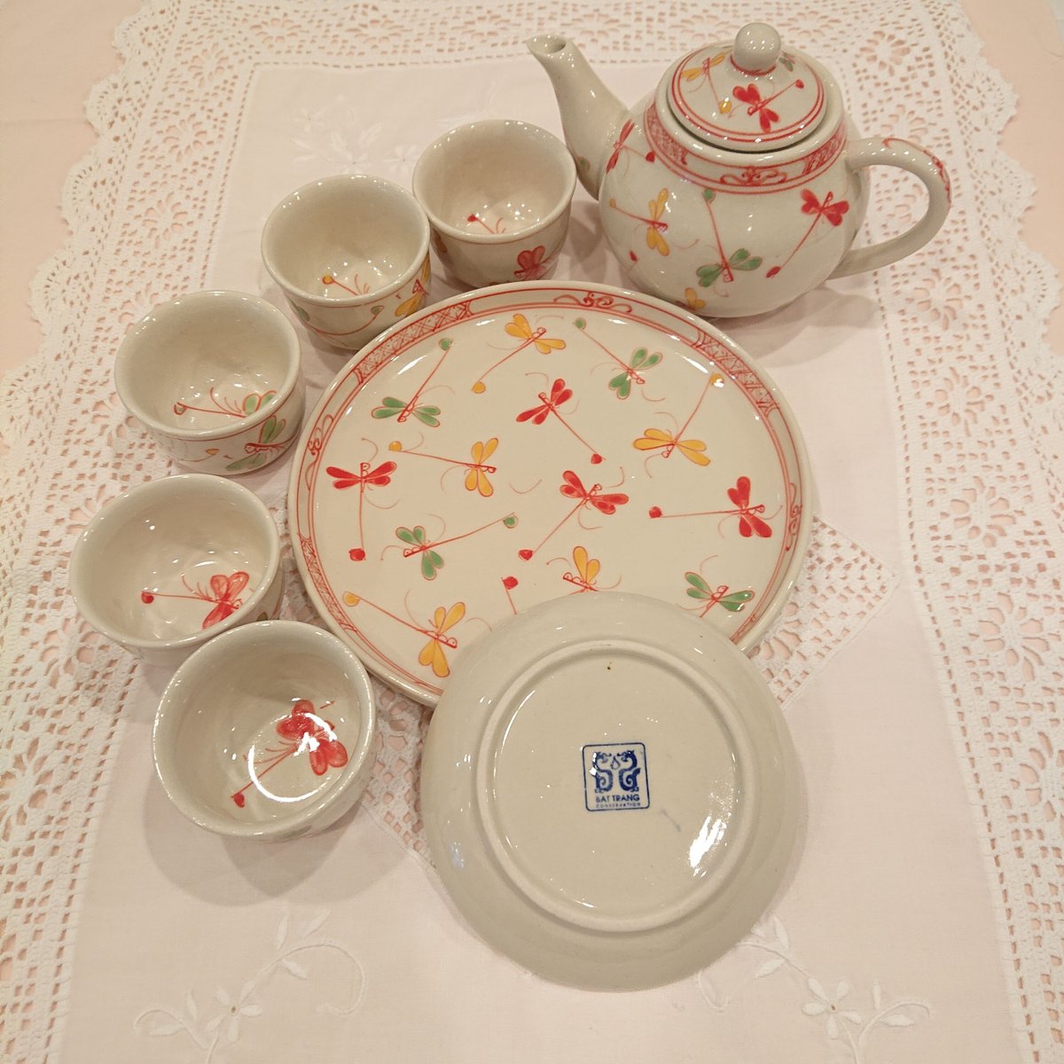 ベトナム バッチャン焼き 茶器セット 幸せを運ぶとんぼ絵 赤