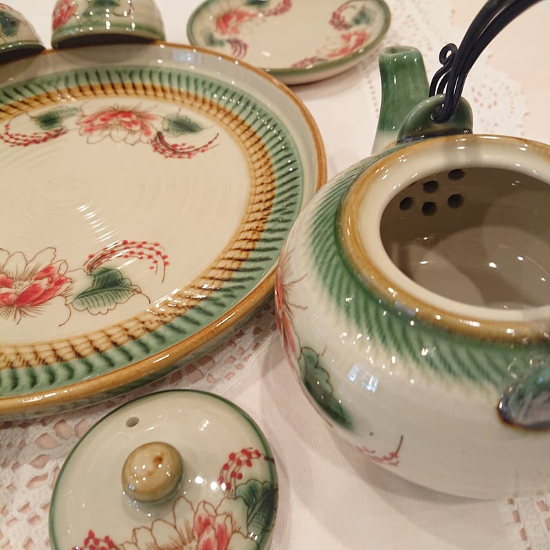 ベトナム バッチャン焼き 茶器セット 芍薬緑の淵 | Ethnic Tea Salon