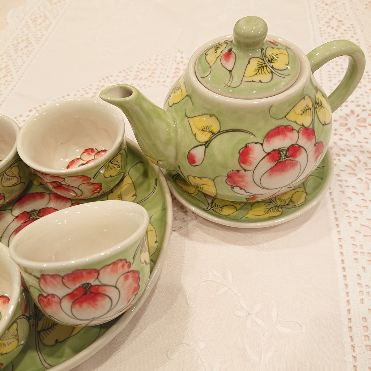 ベトナム バッチャン焼き 茶器セット 芙蓉 グリーン | Ethnic Tea Salon