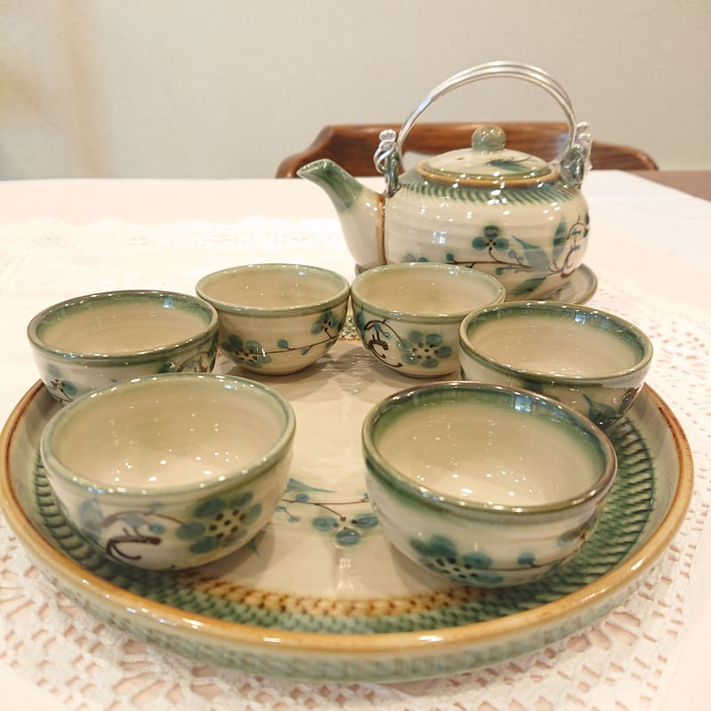 ベトナム バッチャン焼き 茶器セット グリーンの梅 緑の淵 | Ethnic