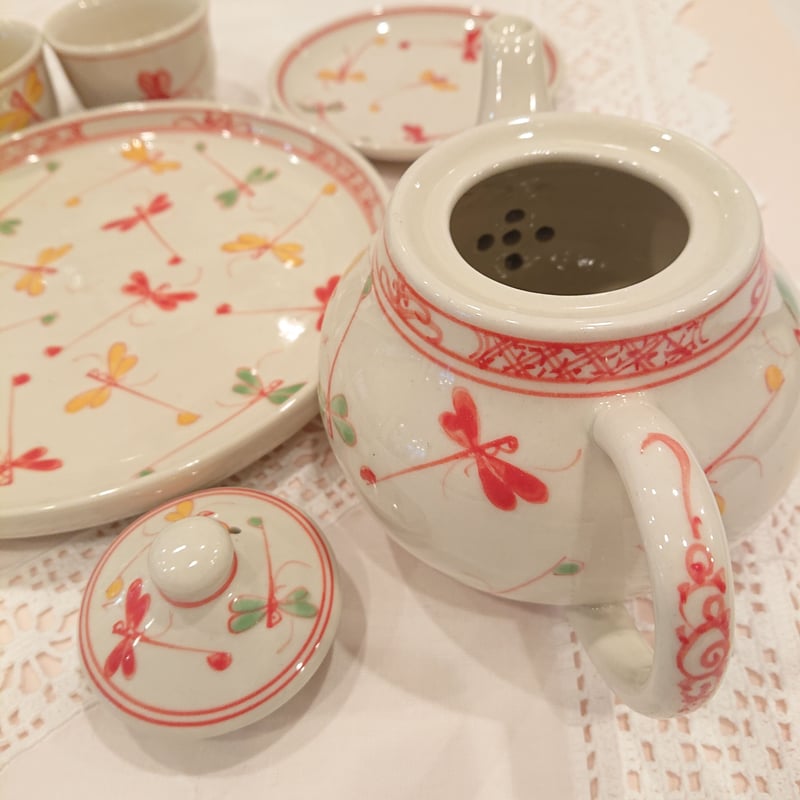 ベトナム バッチャン焼き 茶器セット 幸せを運ぶとんぼ絵 赤 | Ethnic