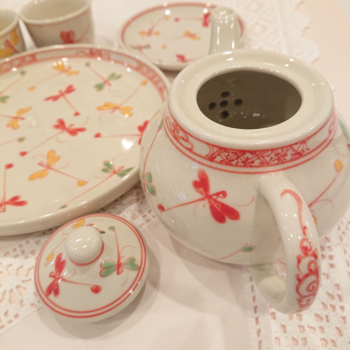 ベトナム バッチャン焼き 茶器セット 幸せを運ぶとんぼ絵 赤 | Ethnic