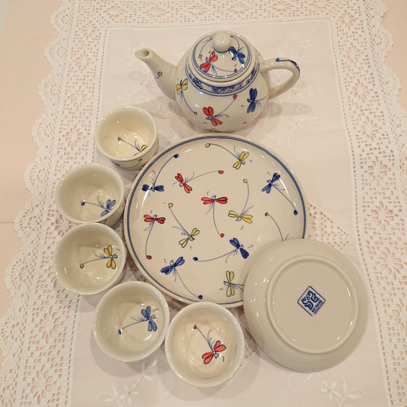 陶磁器 食器セット ベトナム★バッチャン焼★未使用品 ベトナム バッチャン焼き 茶器セット 幸せを運ぶとんぼ絵 青