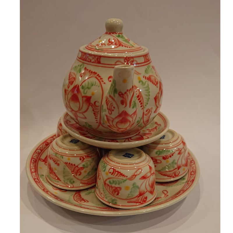 ベトナム バッチャン焼き 茶器セット 蓮花 赤色 | Ethnic Tea Salon