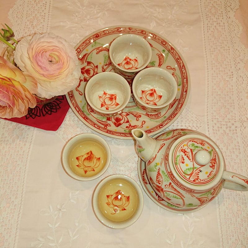 ベトナム バッチャン焼き 茶器セット 蓮花 赤色 | Ethnic Tea Salon