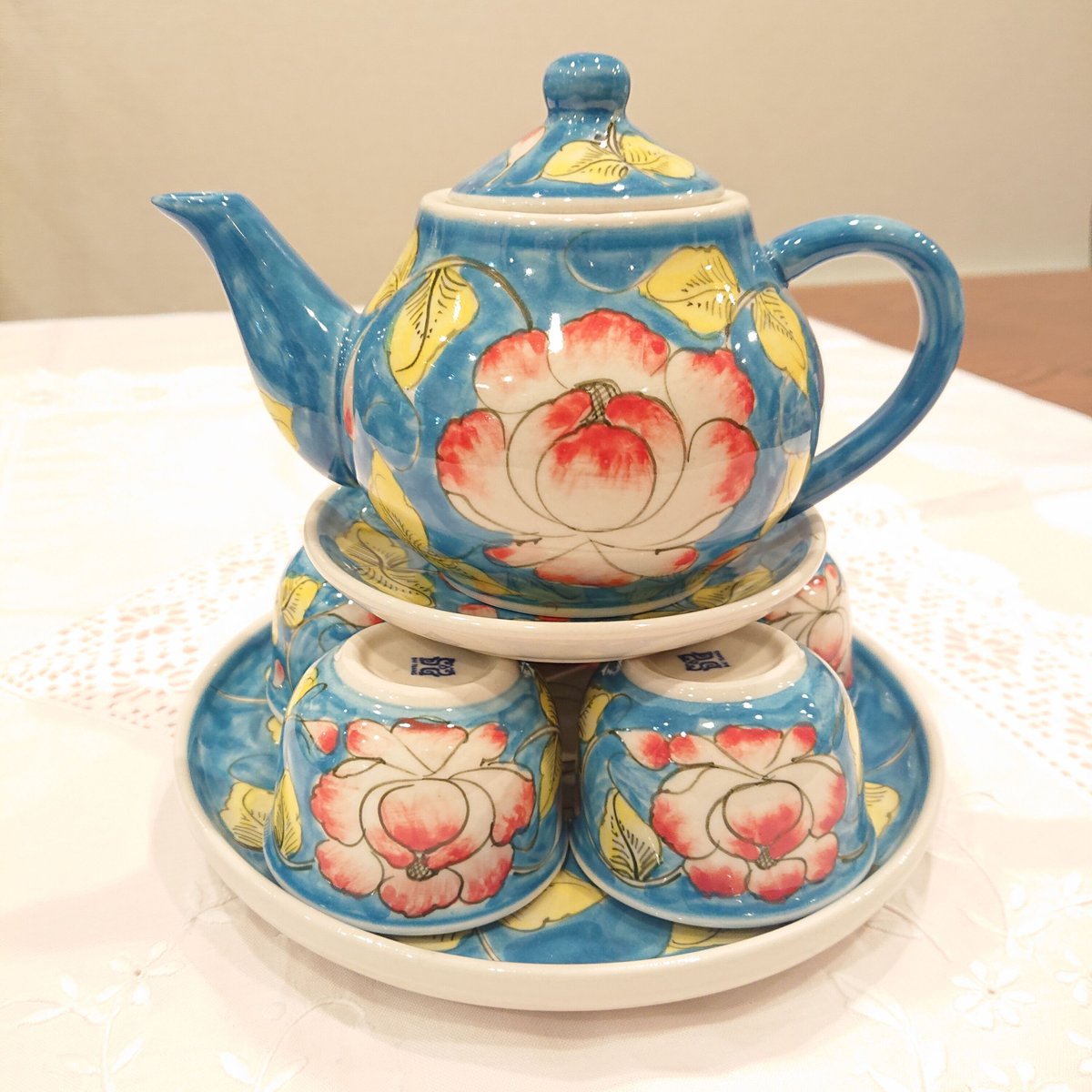 ベトナム バッチャン焼き 茶器セット 芙蓉 青色 | Ethnic Tea Salon ベトナム バッチャン焼き 茶器セット 芙蓉 青色 | Ethnic Tea Salon