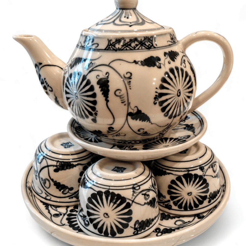 ベトナム バッチャン焼き 茶器セット 菊の花 濃紺 | Ethnic Tea Salon