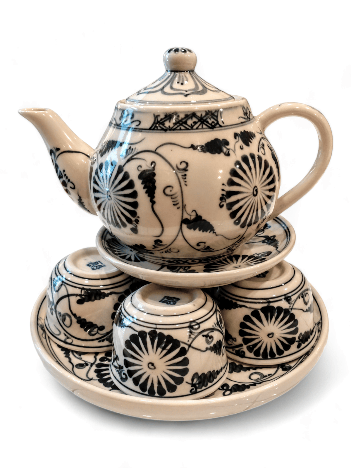 ベトナム バッチャン焼き 茶器セット 菊の花 濃紺 | Ethnic Tea