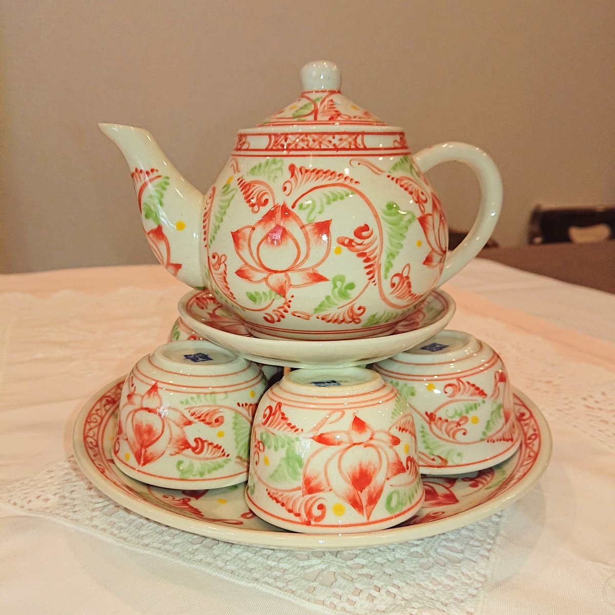 ベトナム バッチャン焼き 茶器セット 蓮花 赤色 | Ethnic Tea Salon