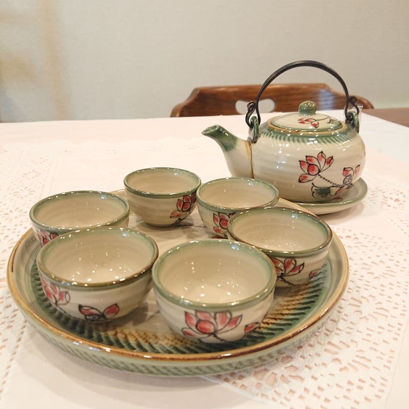 ベトナム バッチャン焼き 茶器セット 蓮の花 緑の淵 | Ethnic Tea Salon