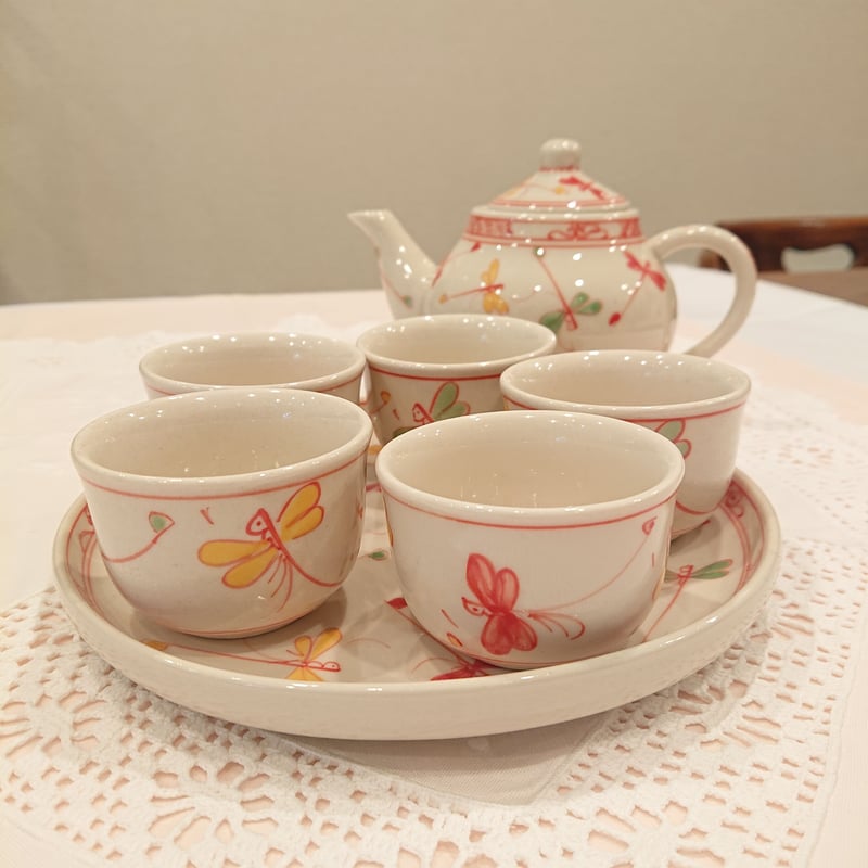 ベトナム バッチャン焼き 茶器セット 幸せを運ぶとんぼ絵 赤